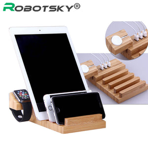 Robotsky 100% Natural Bamboo Charging Dock Station Bracket Cradle Stand Phone Holder For iPhone 5 6 7 8 Plus For i watch