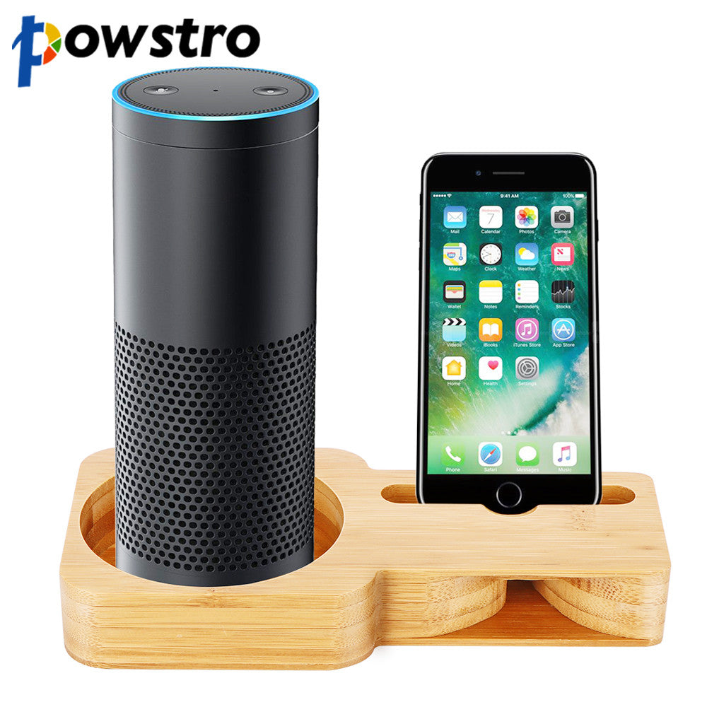 Powstro Bamboo Wood Desk Holder For Smart Mobile Phone Charging Dock Speaker Stand For Echo Dot Phone Stand Holder For iPhone